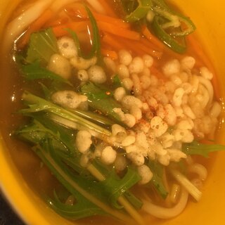 水菜、人参、天かすのカレーうどん